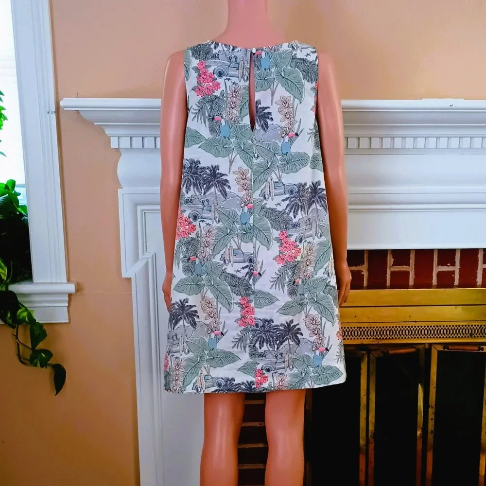 Artisan NY Floral Linen A-line Dress S Tropical Island Side Pockets Sleeveless